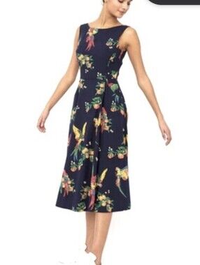 NWT Emily and Fin Navy Floral Parrot Fit-and-Flare Dress